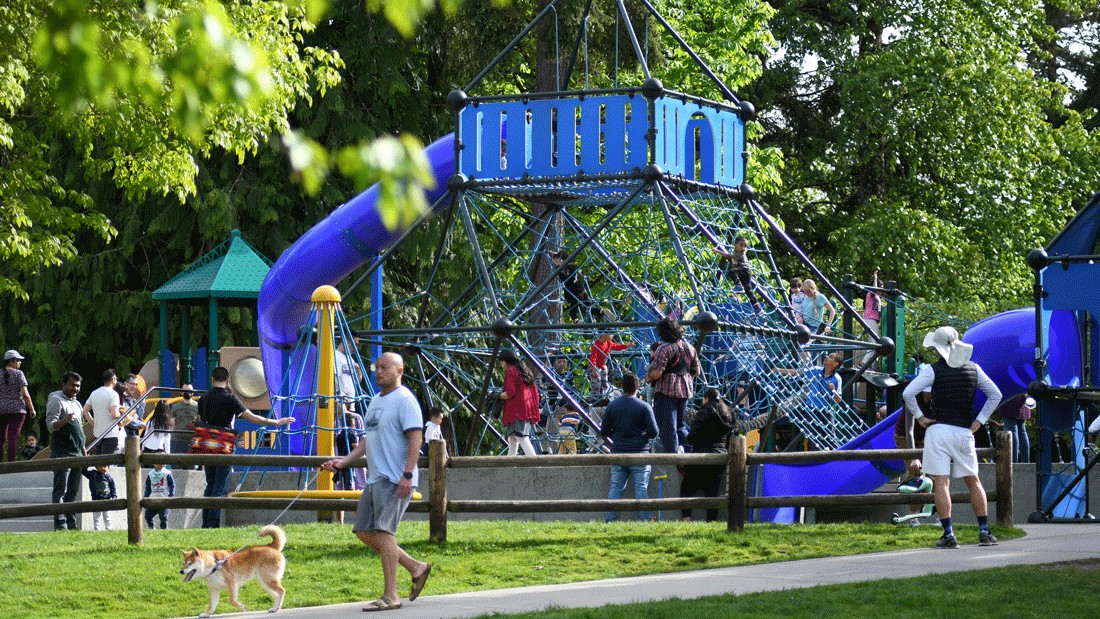 families on staycation in Redmond playing on the playground at Grass Lawn Park