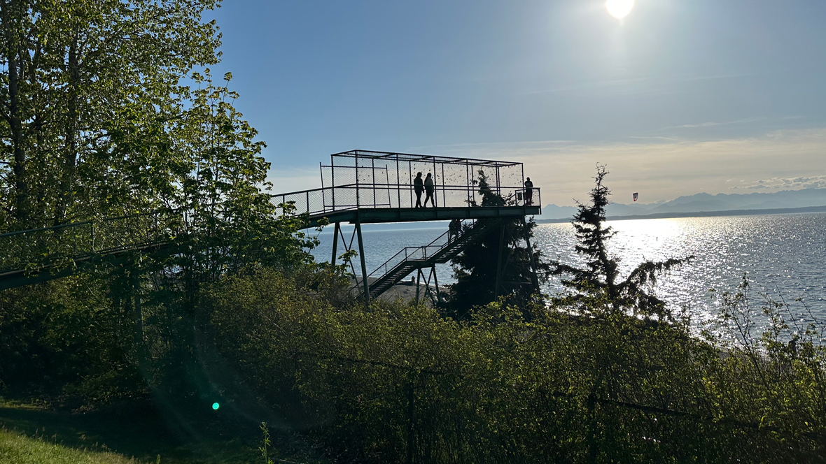 scenic view of the water with a footbridge to it at Carkeek Park