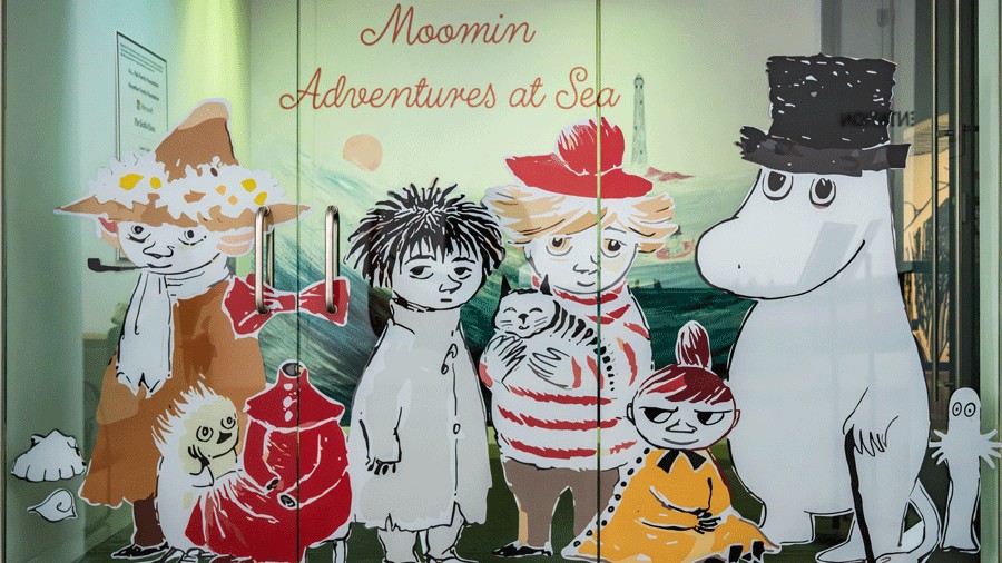 moomin characters on the door of the new Seattle exhibition Moomin Adventures at Sea