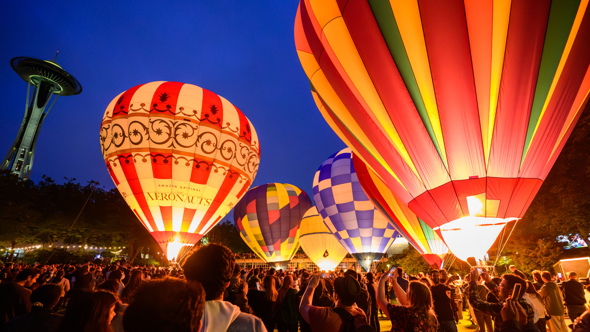 illuminated hot air balloons at the Seattle Center for Seattle Glow, a family-friendly event