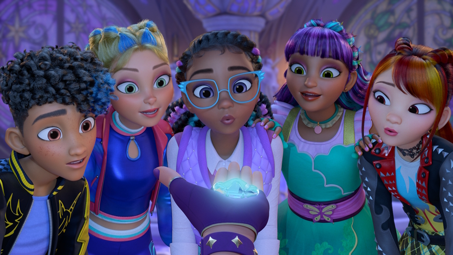characters from the show Unicorn Academy looking at a crystal in someone's hand