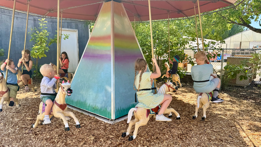 kids riding a carousel at Remlinger Farms Fun Park, a Seattle-area attraction with summer season passes