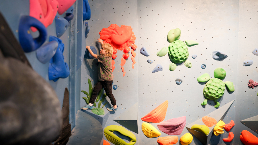 boy rock climbing at Seattle Boulding Project with colorful holds and sea creature designs
