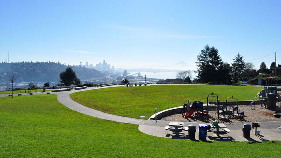 scenic views from Ella Bailey Park wtih a playground and open lawn space