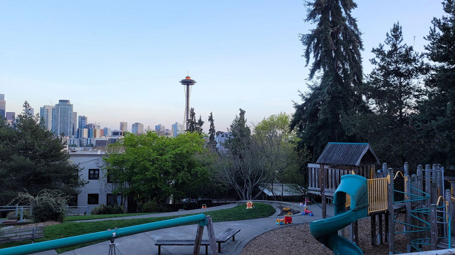Evening view from tiny Ward Springs Park on the south side of Seattle’s Queen Anne Hill