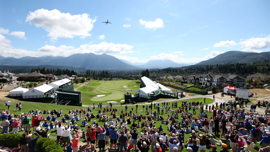 airplane flying over the Boeing Classic golf tournament