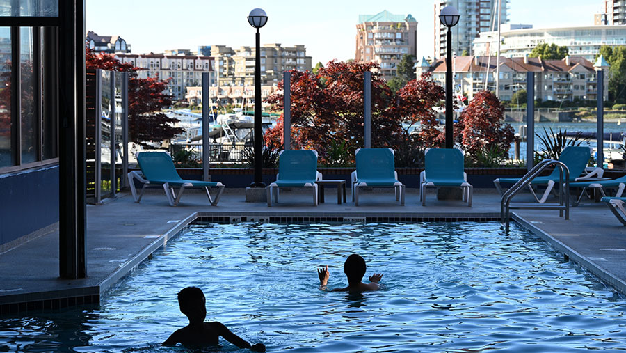 kids playing in the hotel pool at Victoria Hotel and Marine, a place to stay with kids in Victoria, B.C.