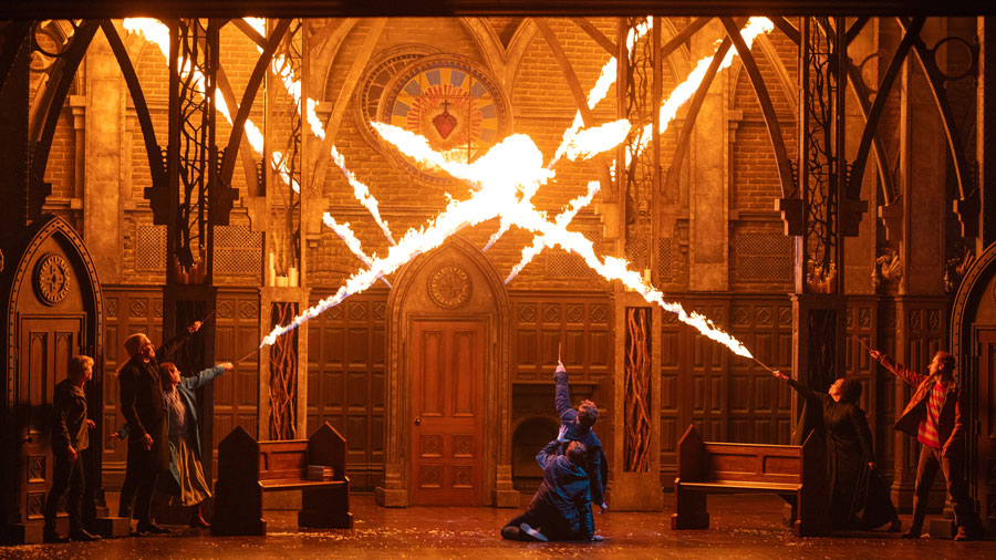 Magic wands shooting flames across the stage during the Seattle production of "Harry Potter and the Cursed Child"