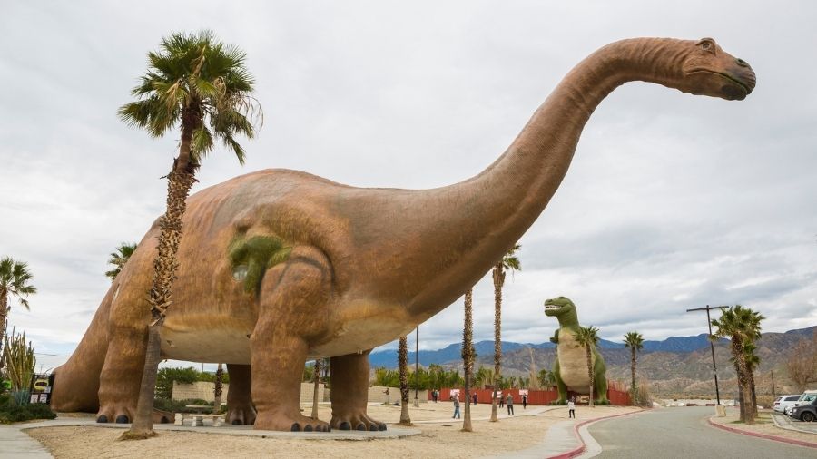 dinny the dinosaur at cabazon dinosaurs on a cloudy day in Palm Springs