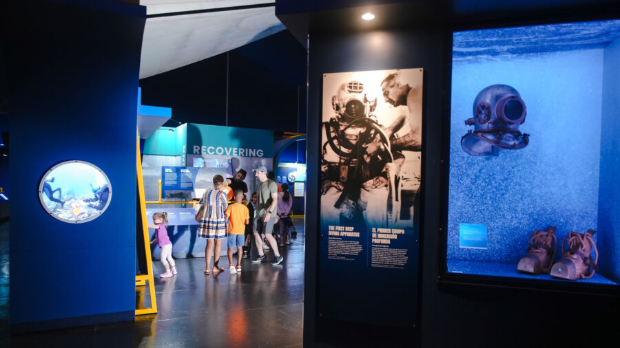 families visiting the new exhibit at PacSci in Seattle about underwater archaeology