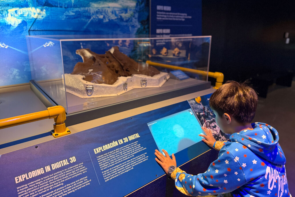 young kid interacting with the Hoyo Negro exhibit at PacSci