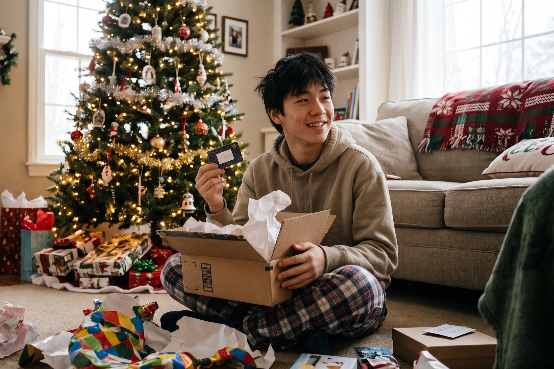 Teen boy in his living room on christmas opening a large box holding a gift card