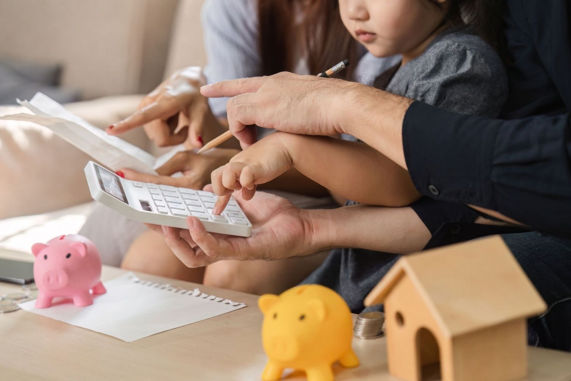family using calculator and piggy banks to teach children about saving money