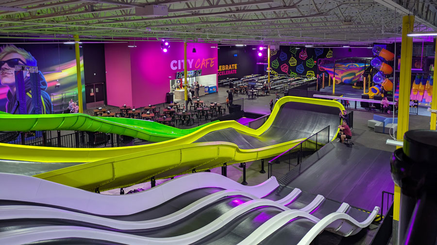 overhead view of slides at Slick City Vancouver, a new attraction for families